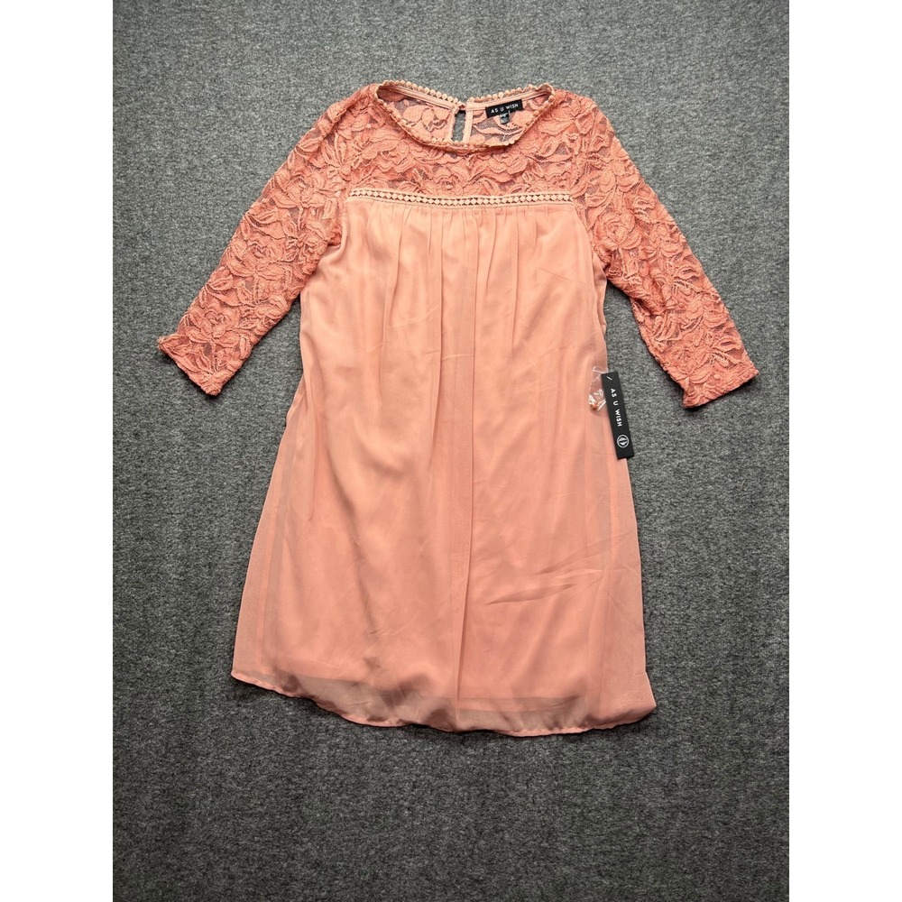 As U Wish Dress Womens Small Pink Lace Yoke 3/4 Sleeve Chiffon Shift Mini New